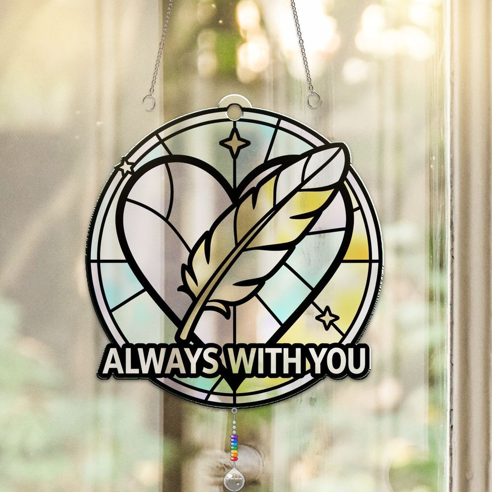 Feather Heart Remembrance Circle Acrylic Suncatcher with teardrop crystal + rainbow chain
