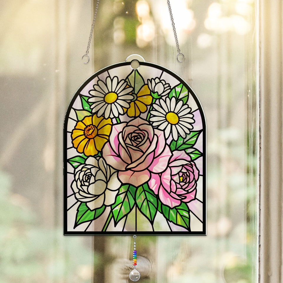 Birth Flower Bouquet Arch Acrylic Suncatcher with teardrop crystal + rainbow chain