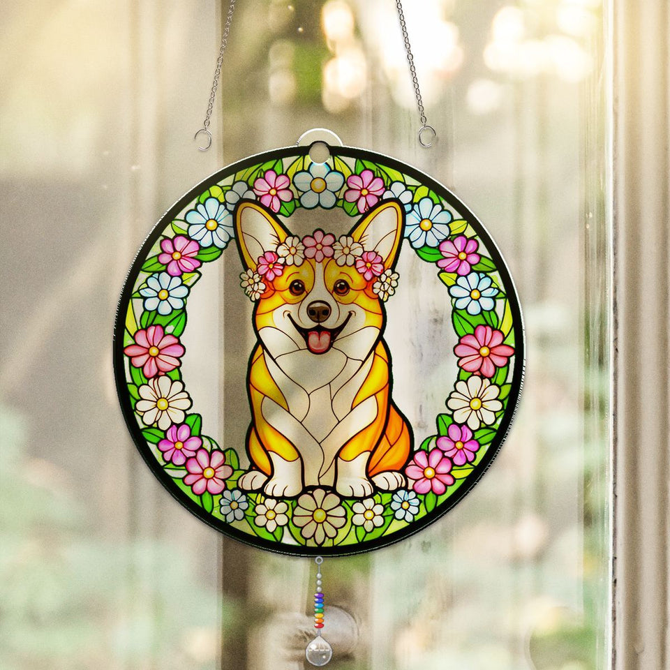 Corgi Wildflower Circle Acrylic Suncatcher with teardrop crystal + rainbow chain