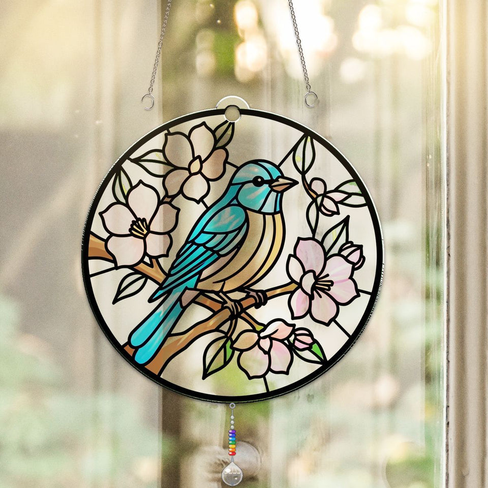 Bluebird Blossom Circle Acrylic Suncatcher with teardrop crystal + rainbow chain
