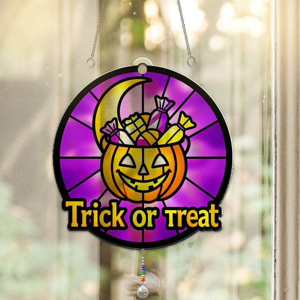 Trick Or Treat Pail Circle Acrylic Suncatcher with teardrop crystal + rainbow chain