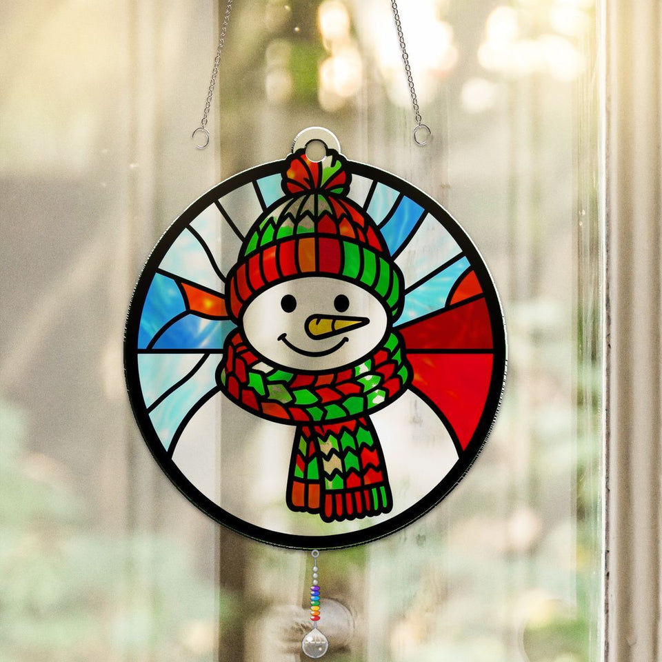 Snowman Scarf Circle Acrylic Suncatcher with teardrop crystal + rainbow chain