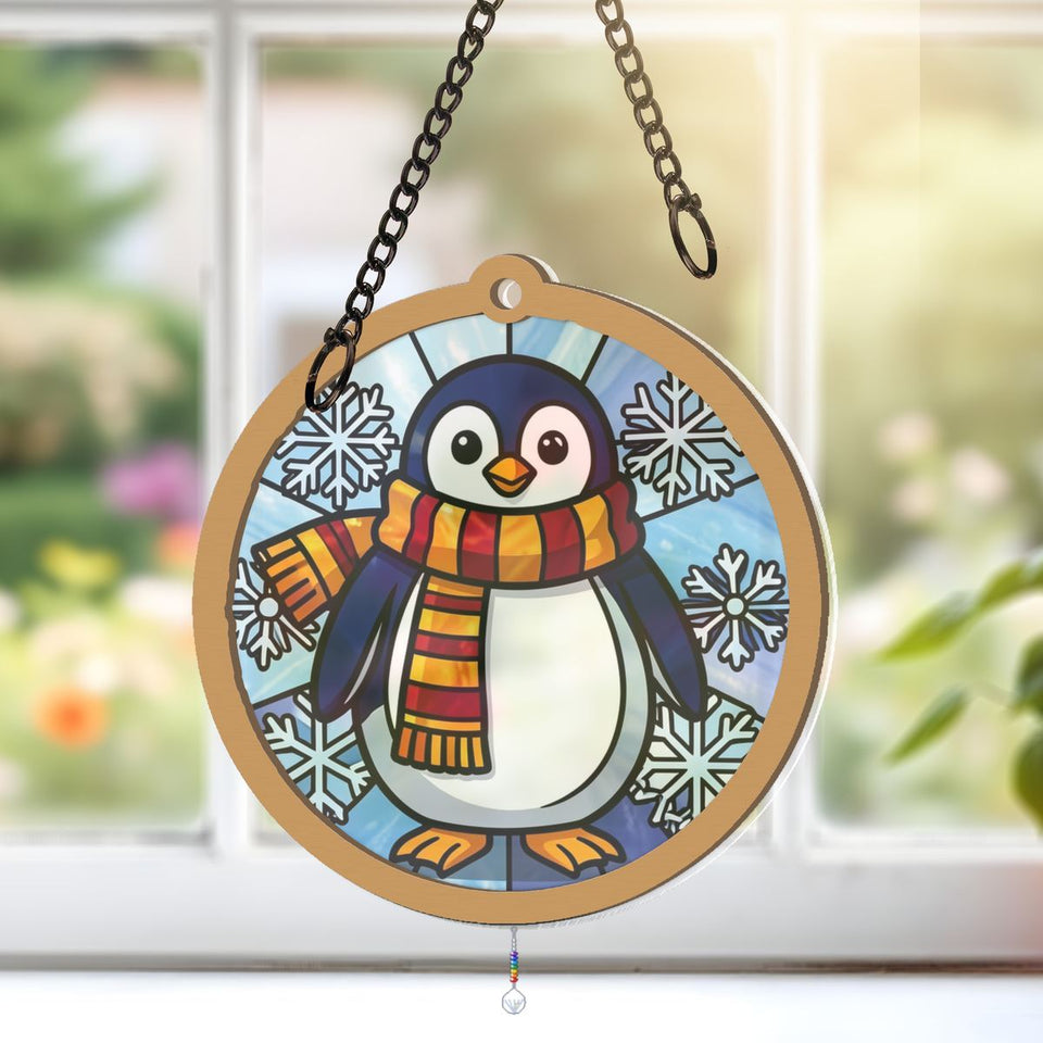 Penguin Scarf Snowflake Window Hanging Suncatcher with teardrop crystal + rainbow chain