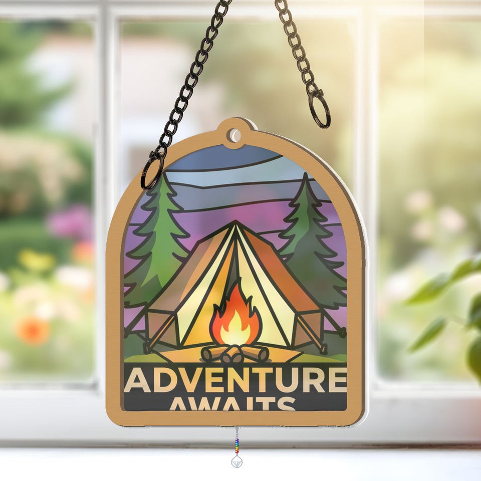 Camping Tent Campfire Arch Window Hanging Suncatcher with teardrop crystal + rainbow chain