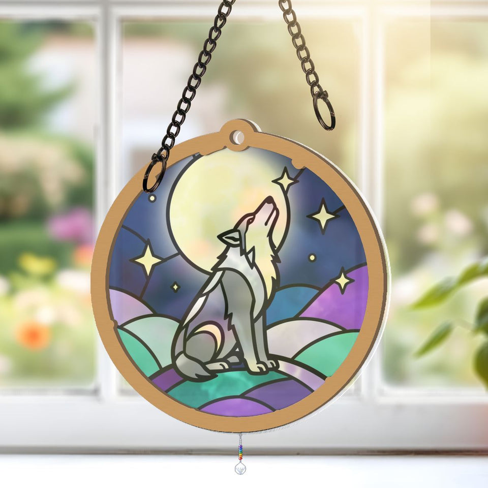 Howling Wolf Moon Circle Window Hanging Suncatcher with teardrop crystal + rainbow chain