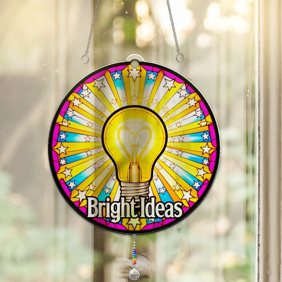 Bright Ideas Light Bulb Circle Acrylic Suncatcher with teardrop crystal + rainbow chain