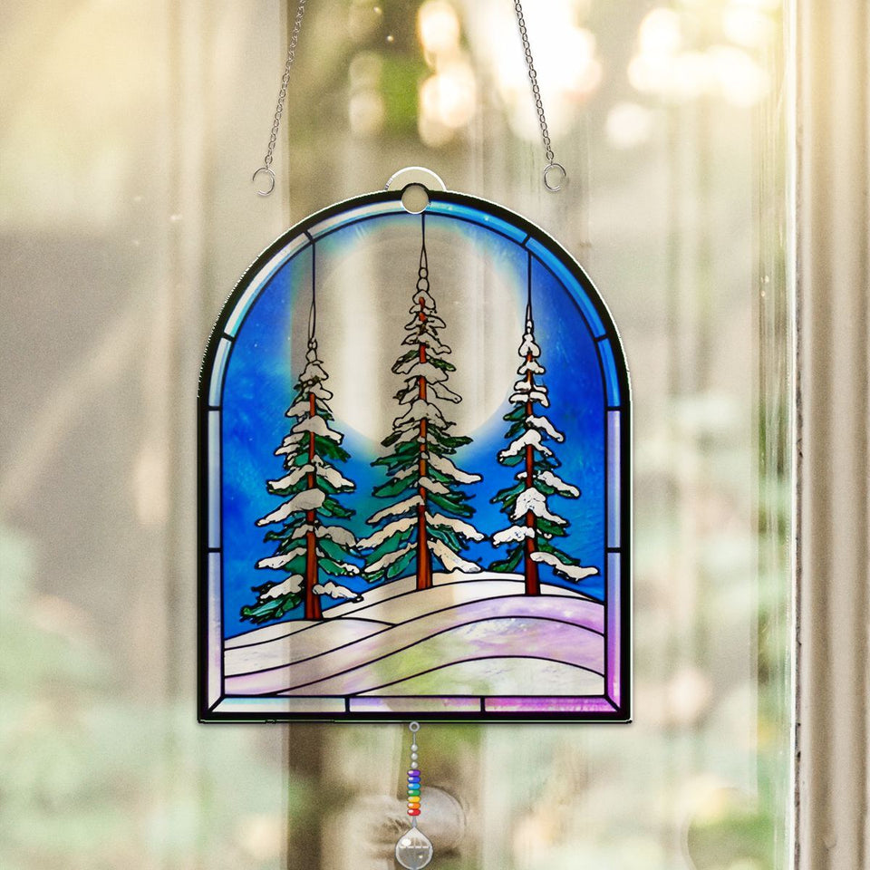 Snowy Evergreen Forest Arch Acrylic Suncatcher with teardrop crystal + rainbow chain