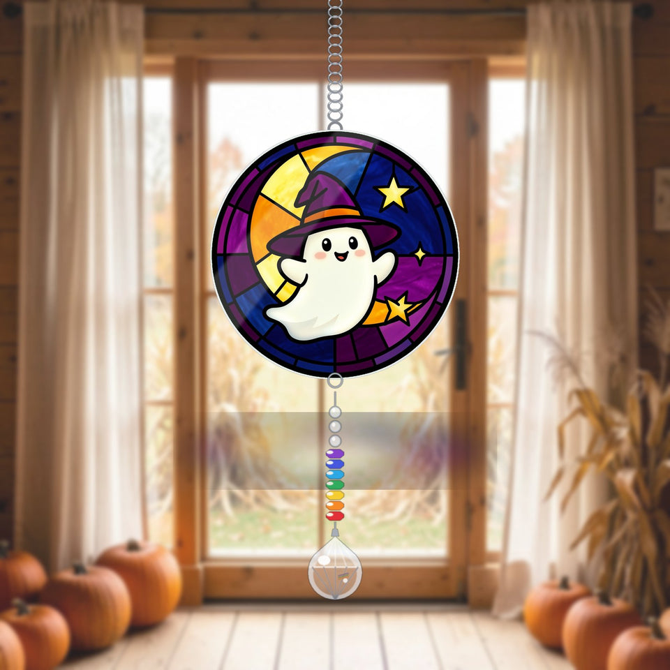 Ghost Witch Hat Moon Acrylic Suncatcher with teardrop crystal + rainbow chain