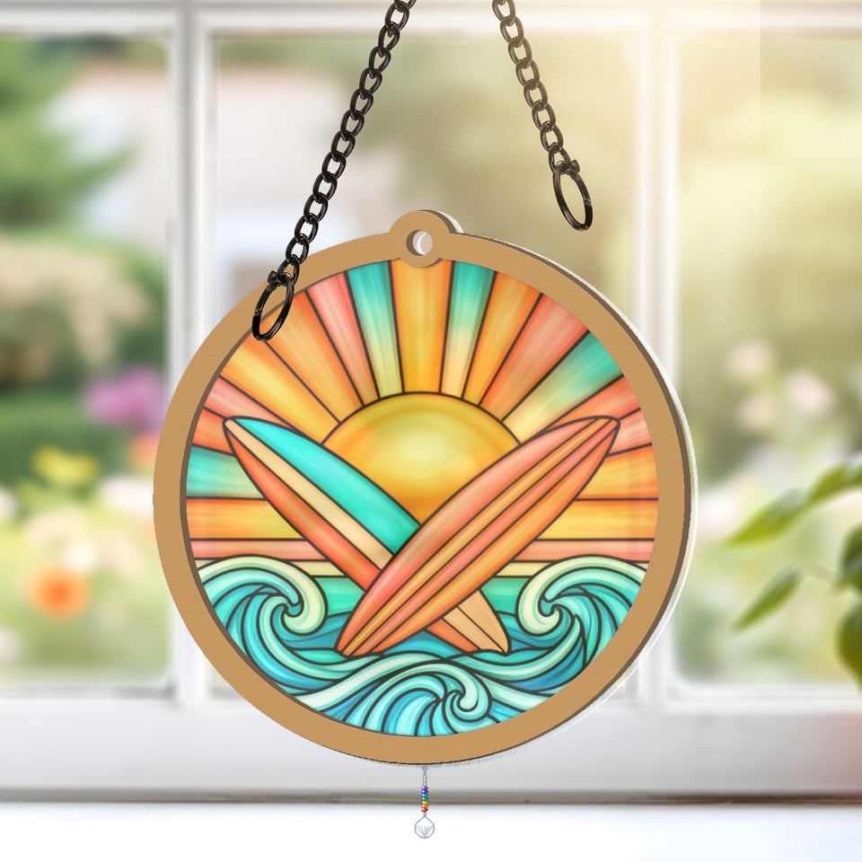 Surfboard Sunset Circle Window Hanging Suncatcher with teardrop crystal + rainbow chain