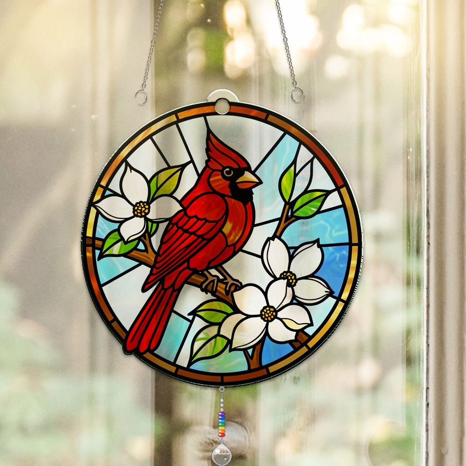 Cardinal Dogwood Circle Acrylic Suncatcher with teardrop crystal + rainbow chain