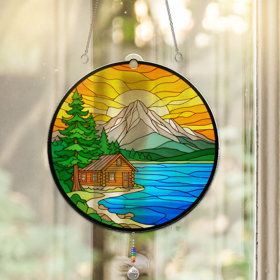 Cozy Cabin Lake Circle Acrylic Suncatcher with teardrop crystal + rainbow chain