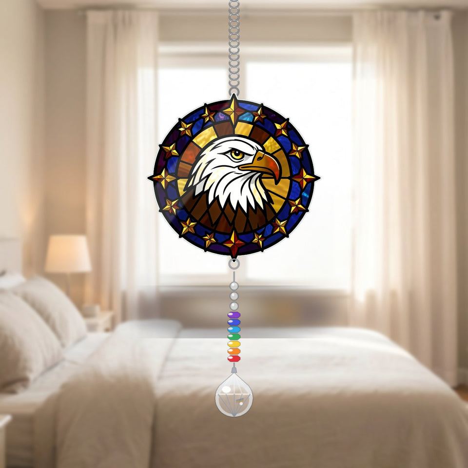 Bald Eagle Stars Circle Acrylic Suncatcher with teardrop crystal + rainbow chain