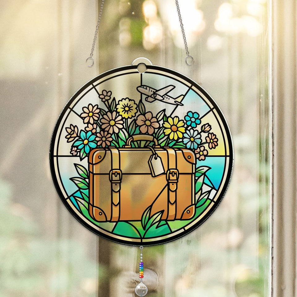 Vintage Suitcase Wildflowers Circle Acrylic Suncatcher with teardrop crystal + rainbow chain