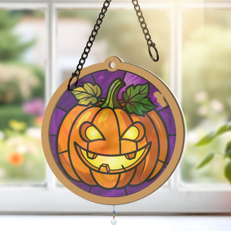 Jack O Lantern Grin Circle Window Hanging Suncatcher with teardrop crystal + rainbow chain