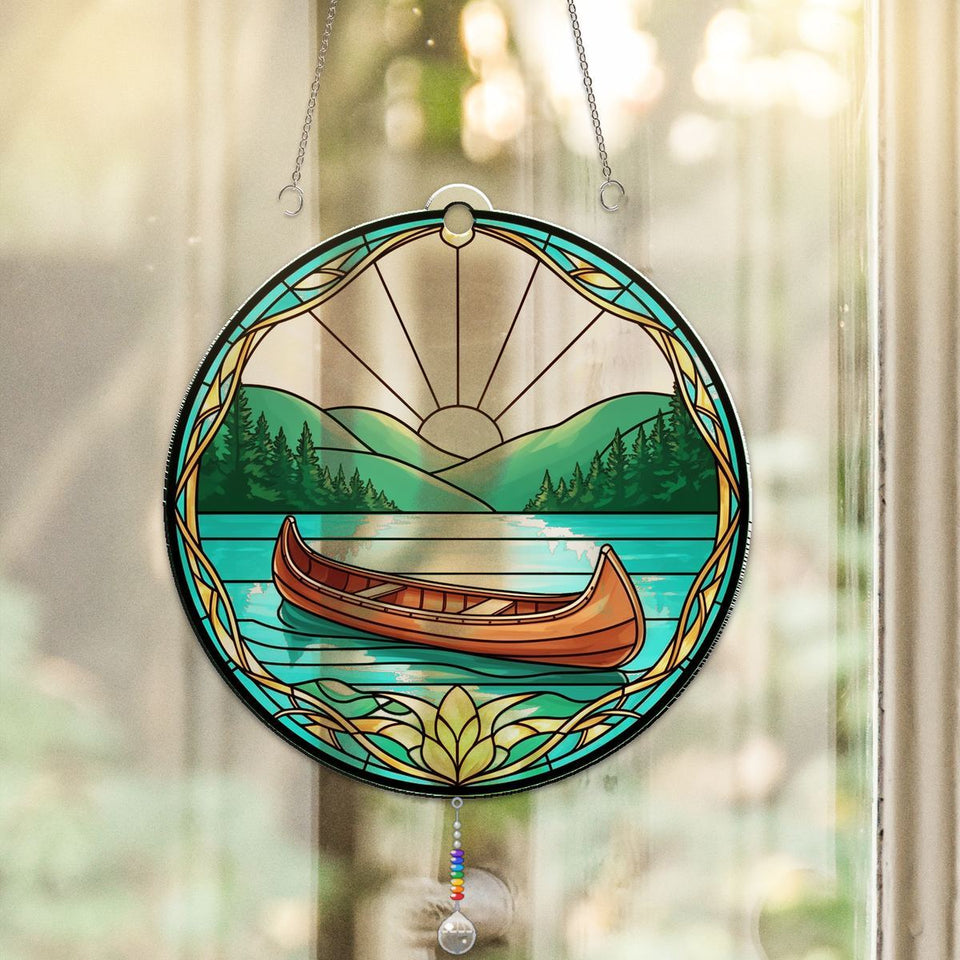 Canoe Lake Sunrise Circle Acrylic Suncatcher with teardrop crystal + rainbow chain