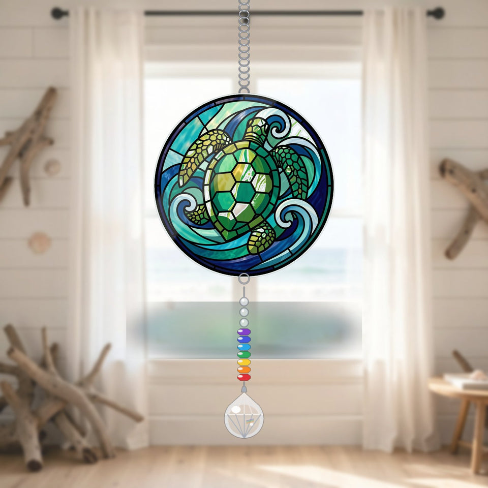 Sea Turtle Wave Circle Acrylic Suncatcher with teardrop crystal + rainbow chain