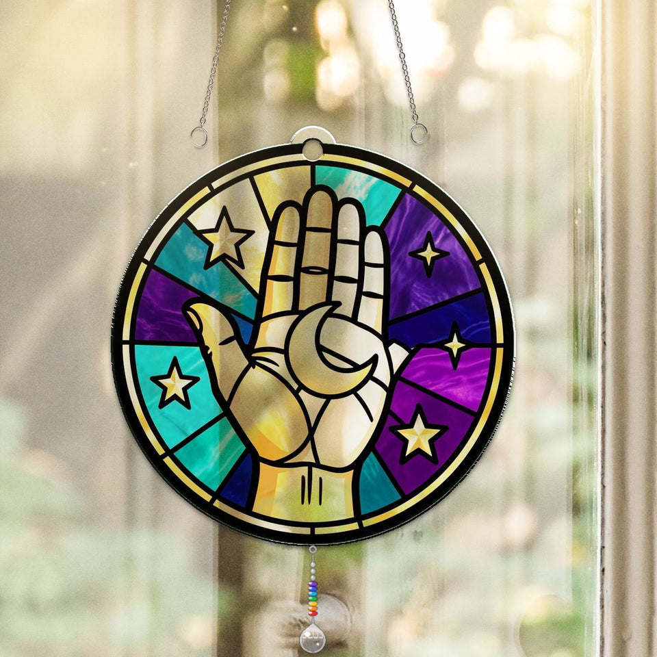Celestial Hand Moon Circle Acrylic Suncatcher with teardrop crystal + rainbow chain