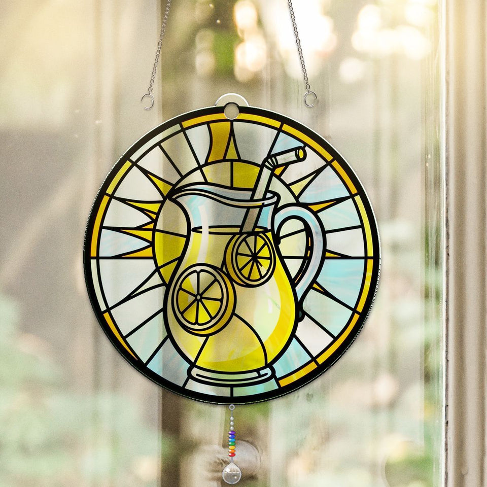 Lemonade Pitcher Summer Circle Acrylic Suncatcher with teardrop crystal + rainbow chain