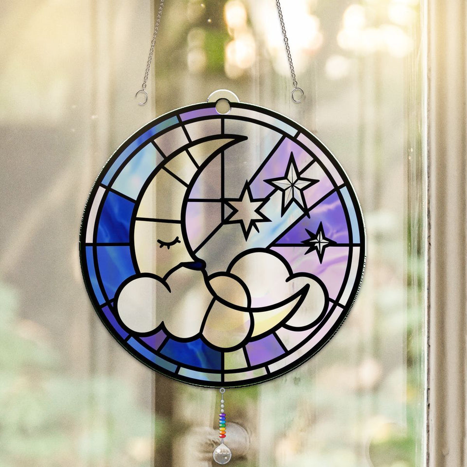 Sleepy Moon Cloud Circle Acrylic Suncatcher with teardrop crystal + rainbow chain