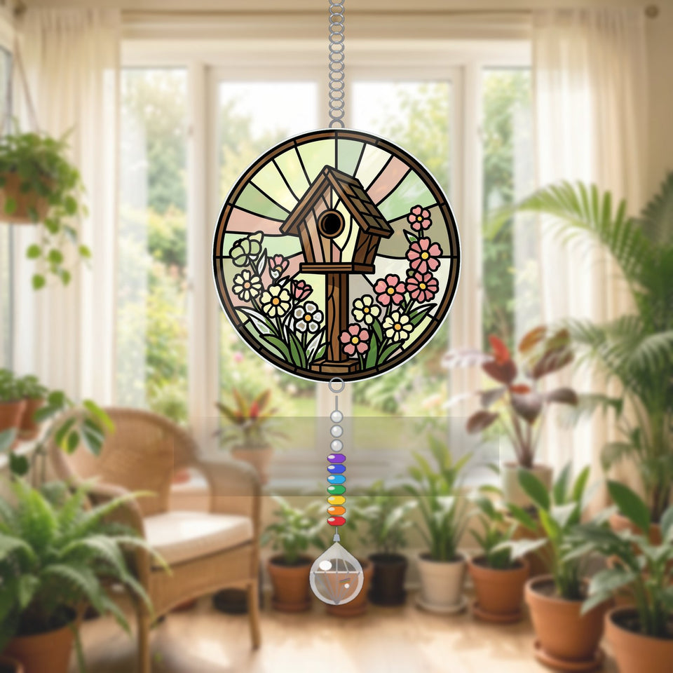 Birdhouse Wildflower Circle Acrylic Suncatcher with teardrop crystal + rainbow chain