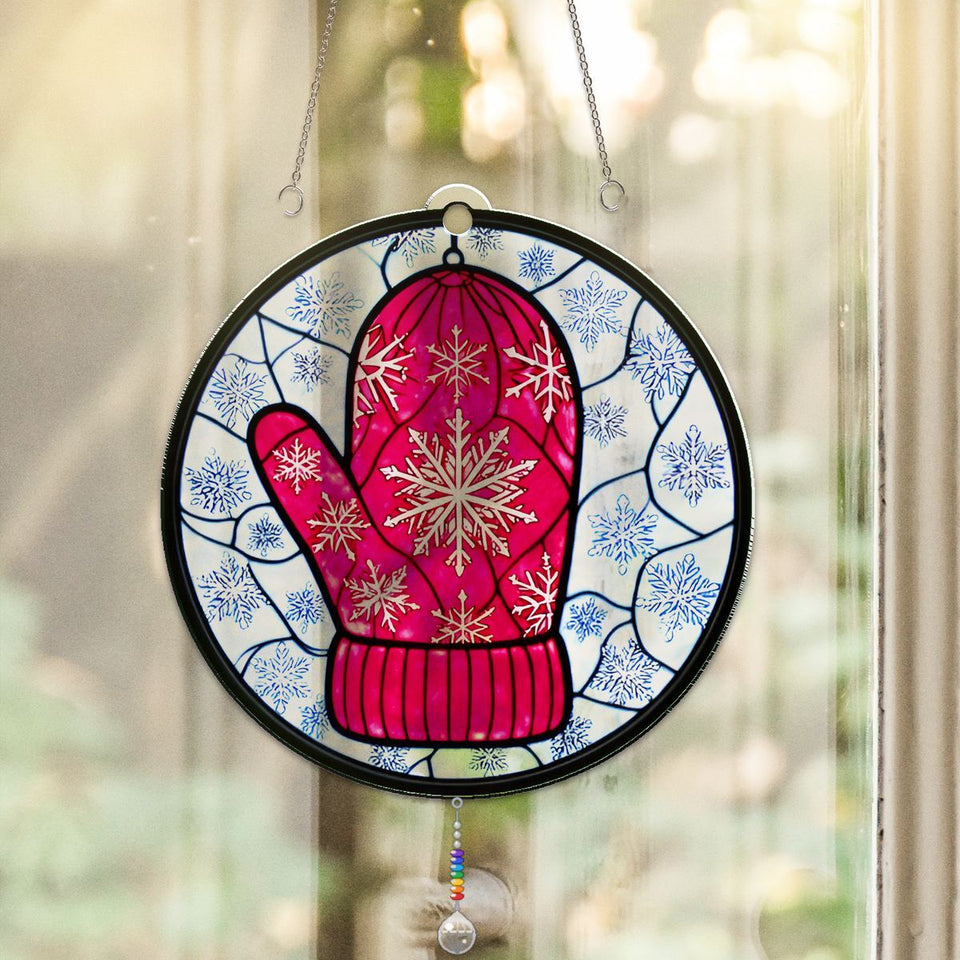 Knit Mitten Snowflake Circle Acrylic Suncatcher with teardrop crystal + rainbow chain
