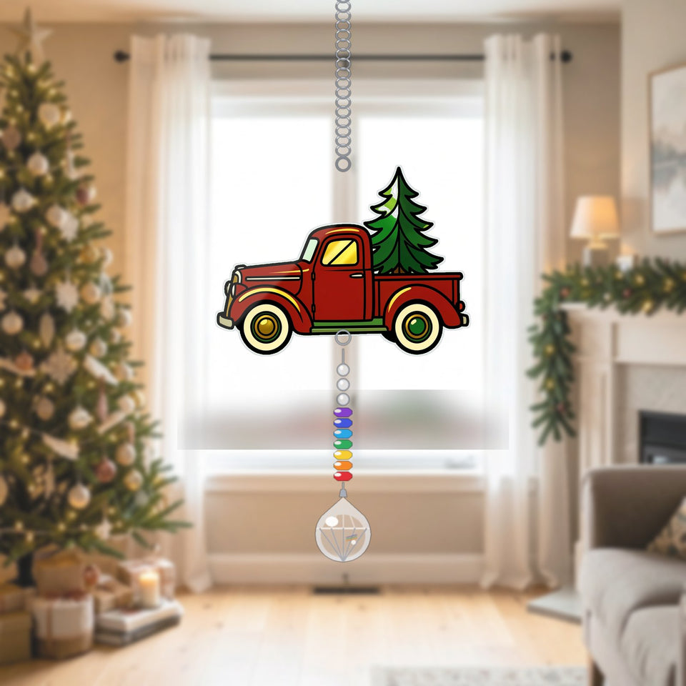 Vintage Christmas Truck Acrylic Suncatcher with teardrop crystal + rainbow chain