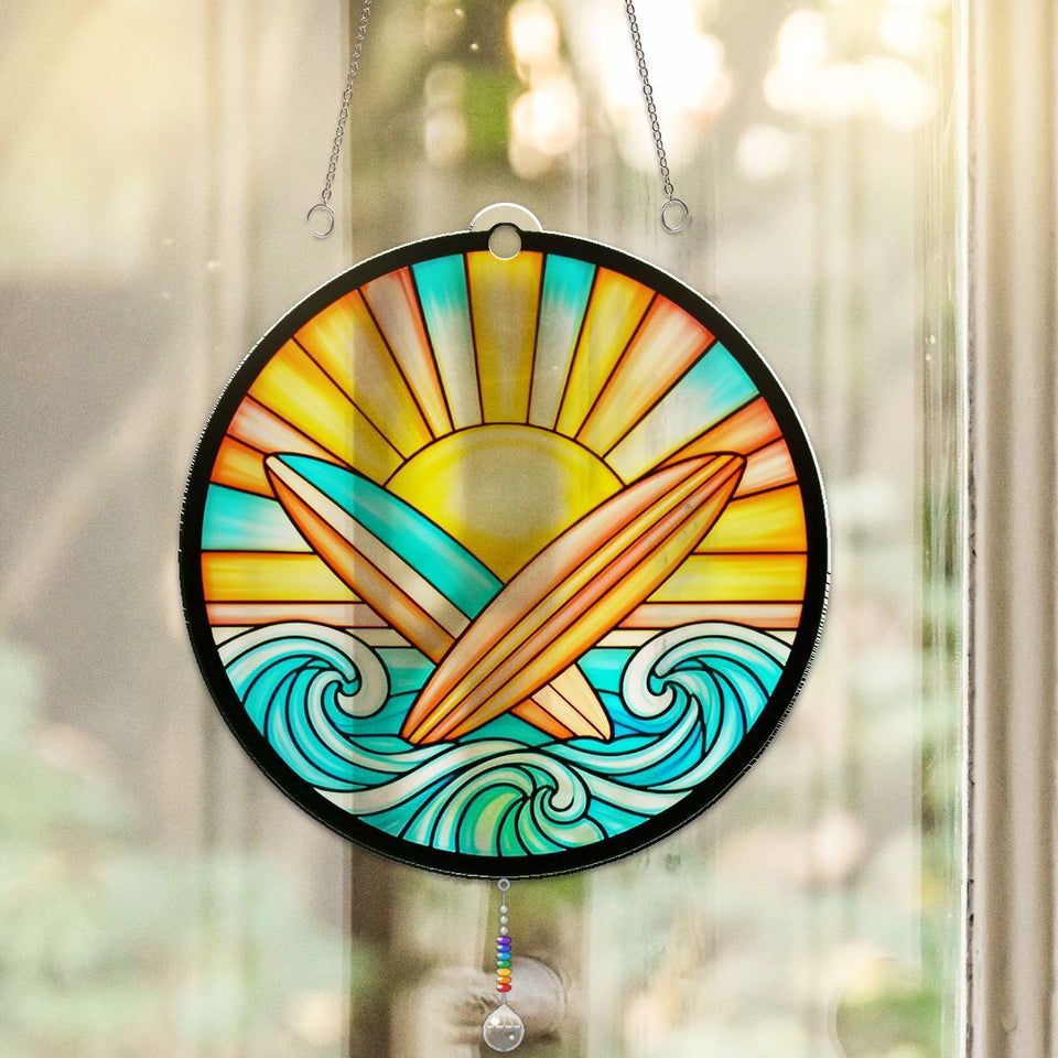 Surfboard Sunset Circle Acrylic Suncatcher with teardrop crystal + rainbow chain