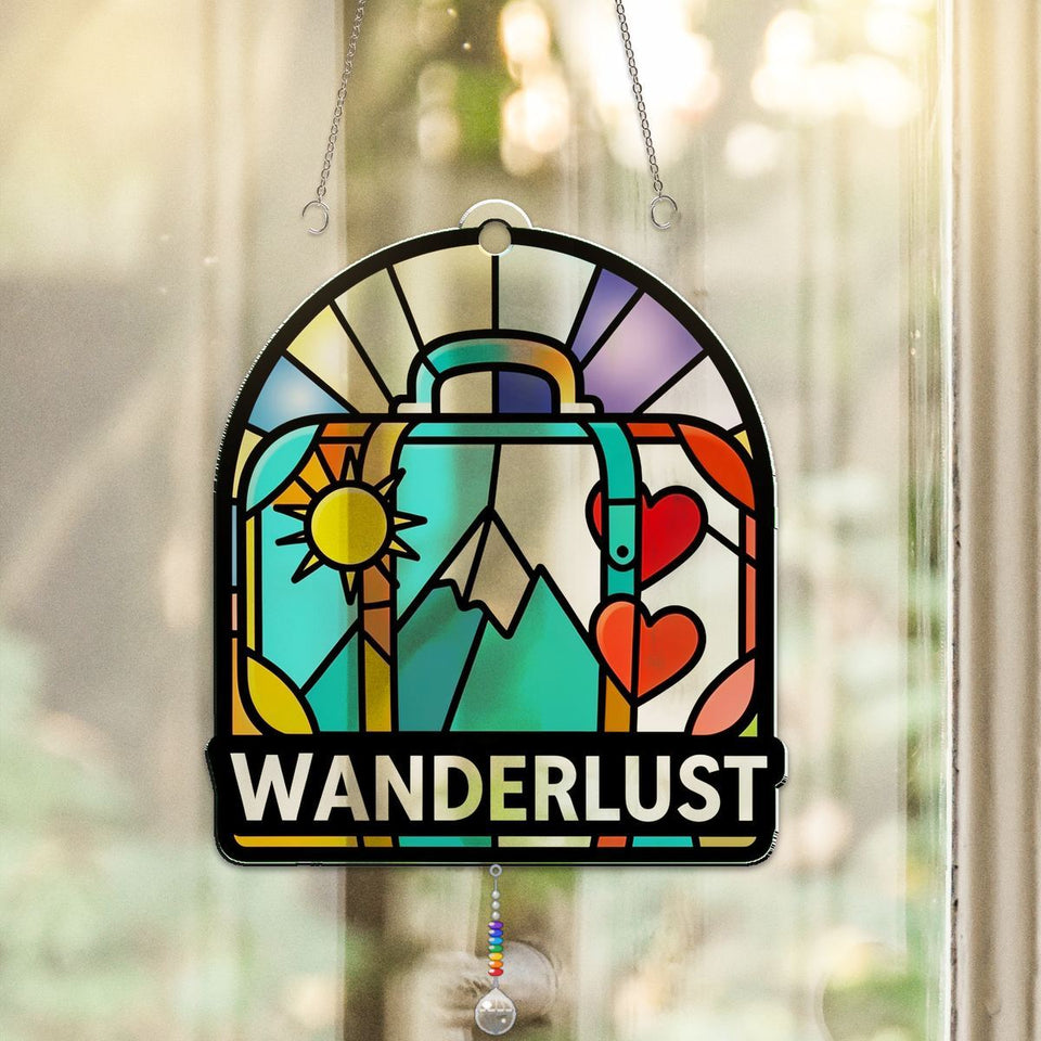 Vintage Suitcase Wanderlust Arch Acrylic Suncatcher with teardrop crystal + rainbow chain