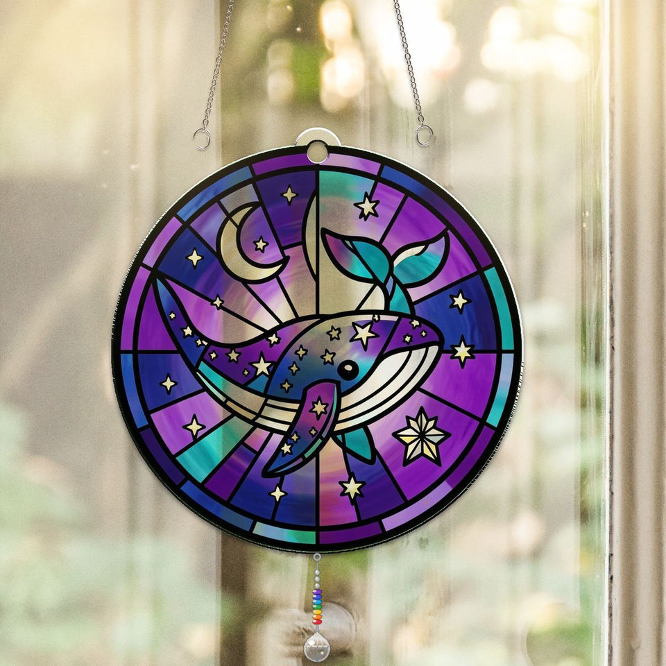 Starry Whale Night Circle Acrylic Suncatcher with teardrop crystal + rainbow chain