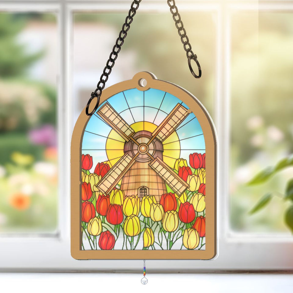 Tulip Windmill Arch Window Hanging Suncatcher with teardrop crystal + rainbow chain