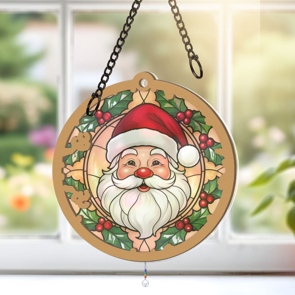 Santa Face Holly Circle Window Hanging Suncatcher with teardrop crystal + rainbow chain