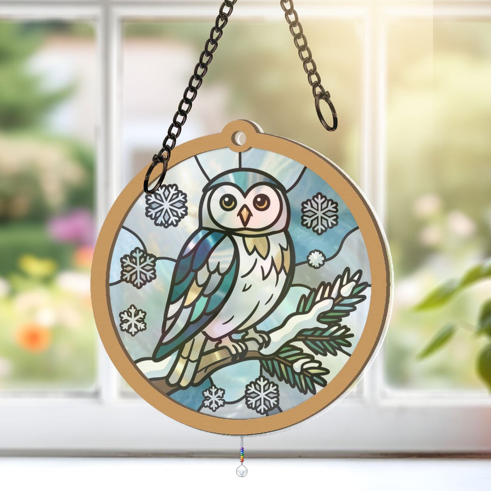 Snowy Owl Pine Circle Window Hanging Suncatcher with teardrop crystal + rainbow chain