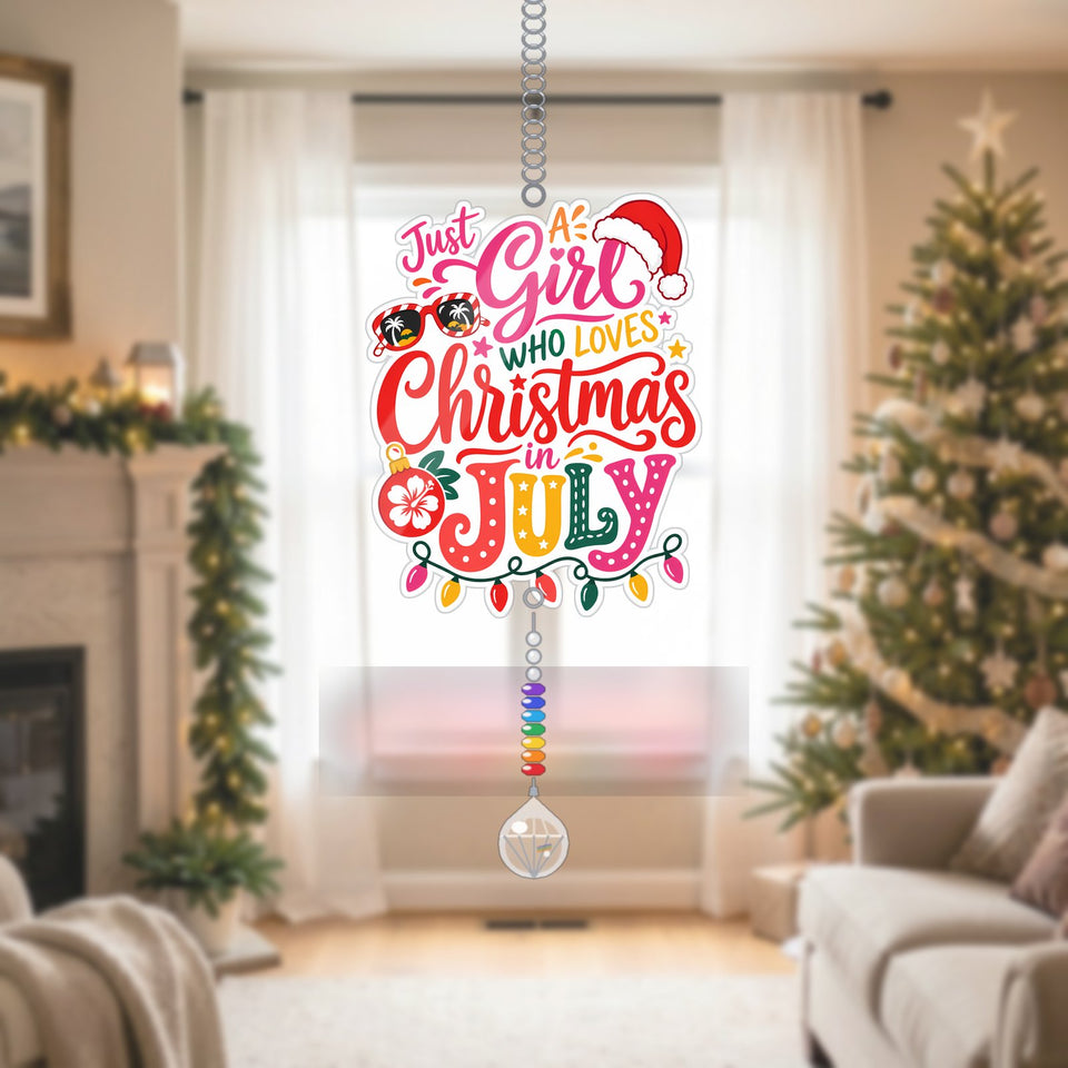Christmas in July Girl Acrylic Suncatcher with teardrop crystal + rainbow chain
