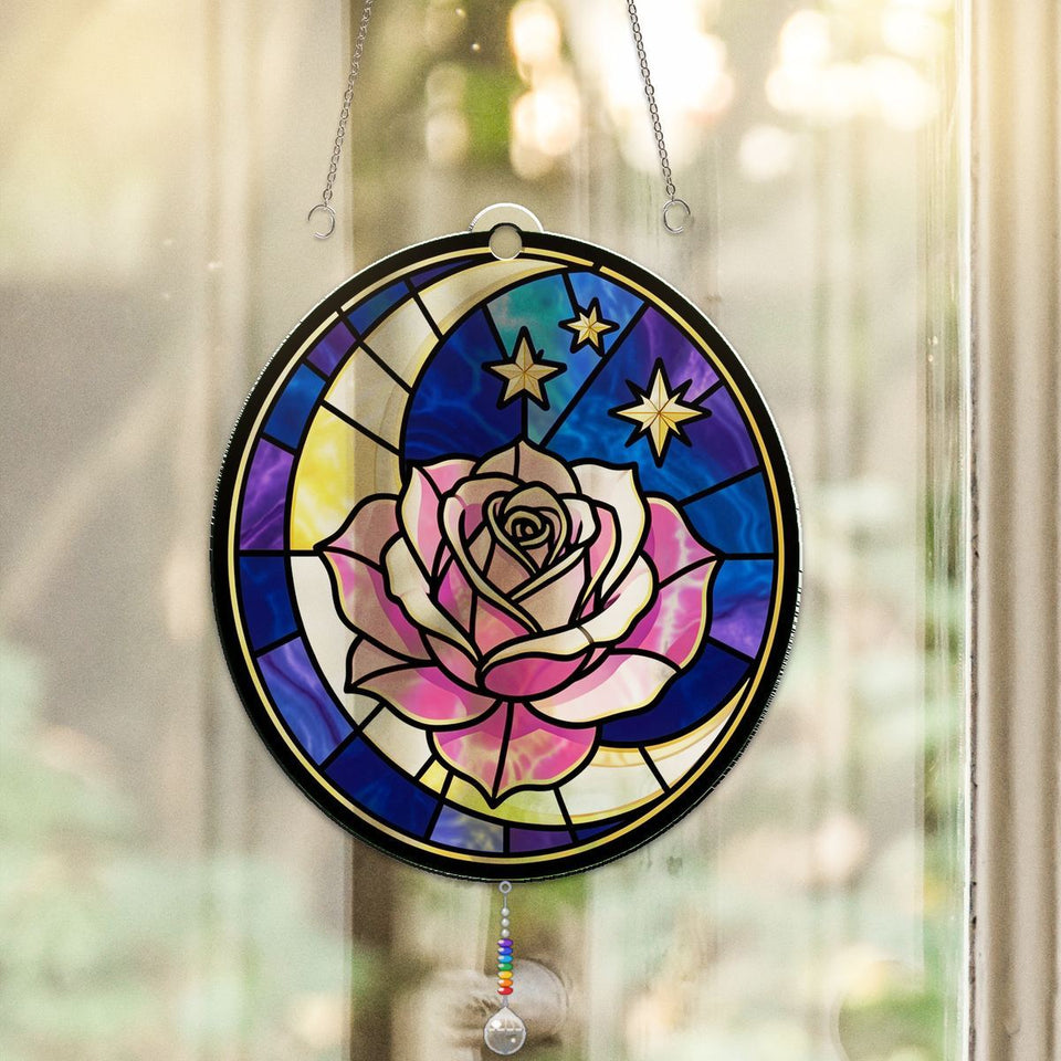 Celestial Rose Moon Circle Acrylic Suncatcher with teardrop crystal + rainbow chain