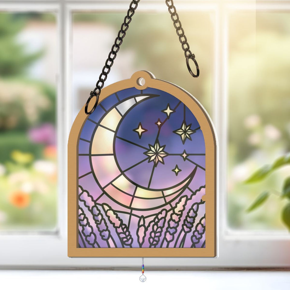 Starry Lavender Moon Arch Window Hanging Suncatcher with teardrop crystal + rainbow chain