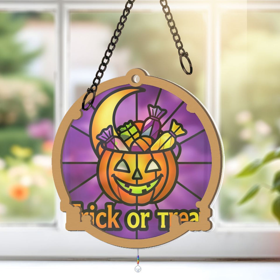 Trick Or Treat Pail Circle Window Hanging Suncatcher with teardrop crystal + rainbow chain