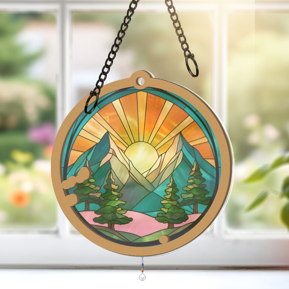 Mountain Pine Sunrise Circle Window Hanging Suncatcher with teardrop crystal + rainbow chain
