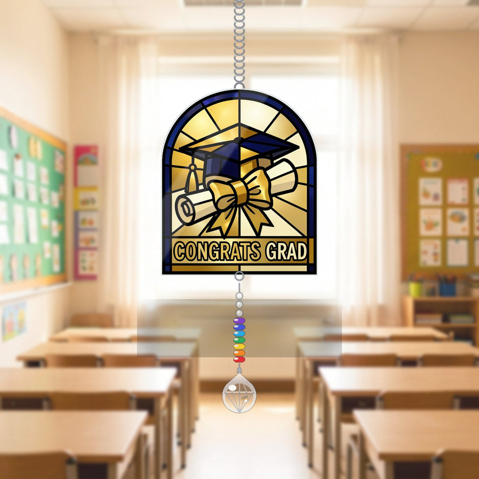 Graduation Cap Diploma Arch Window Hanging Suncatcher with teardrop crystal + rainbow chain