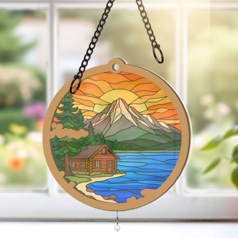 Cozy Cabin Lake Circle Window Hanging Suncatcher with teardrop crystal + rainbow chain