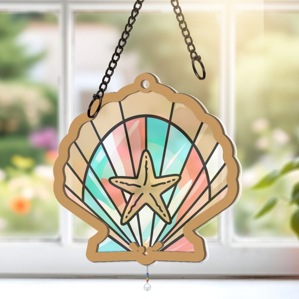 Seashell Starfish Arch Window Hanging Suncatcher with teardrop crystal + rainbow chain