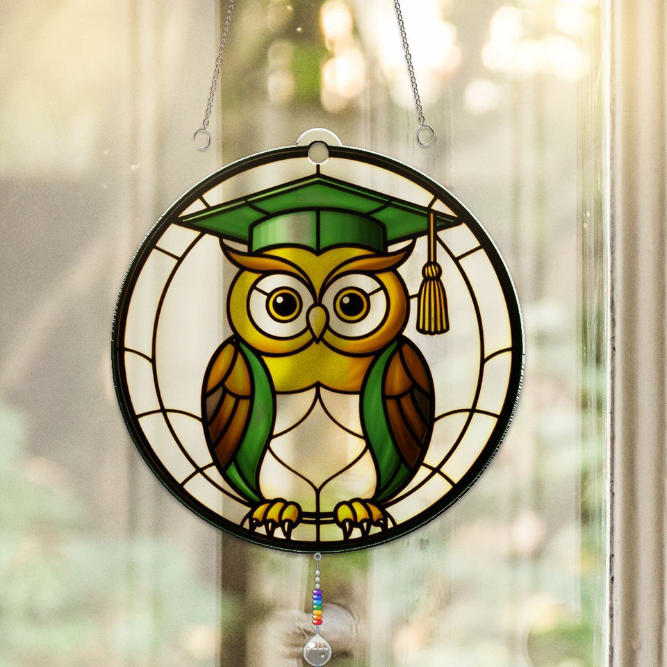 Wise Owl Graduation Cap Acrylic Suncatcher with teardrop crystal + rainbow chain