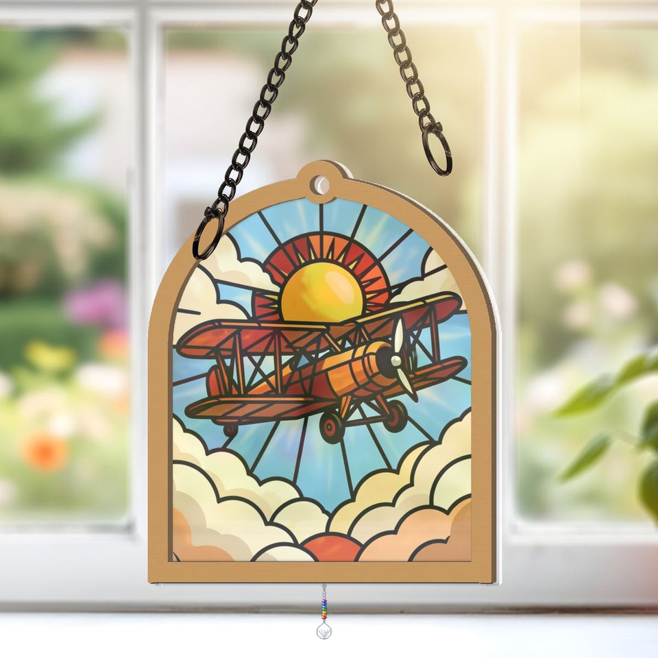Vintage Biplane Clouds Arch Window Hanging Suncatcher with teardrop crystal + rainbow chain