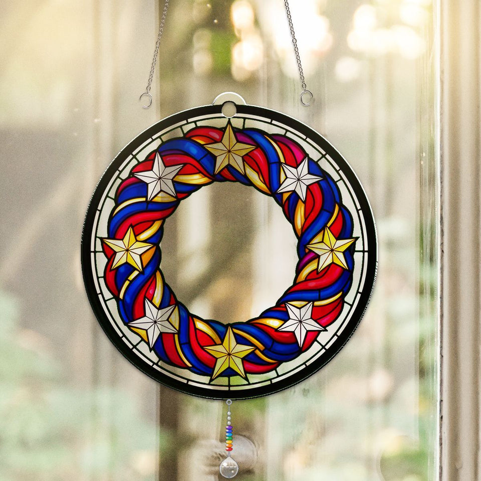 Patriotic Star Wreath Acrylic Suncatcher with teardrop crystal + rainbow chain