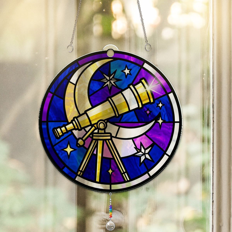 Stargazer Telescope Circle Acrylic Suncatcher with teardrop crystal + rainbow chain