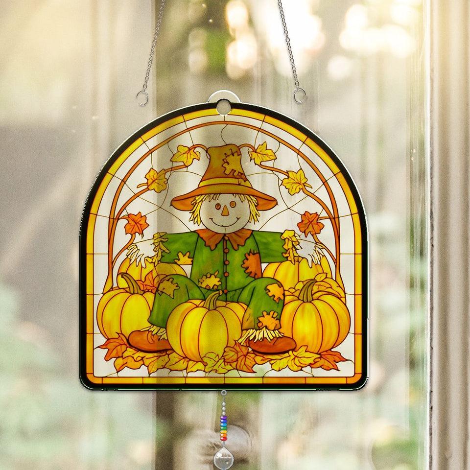 Scarecrow Pumpkin Patch Arch Acrylic Suncatcher with teardrop crystal + rainbow chain