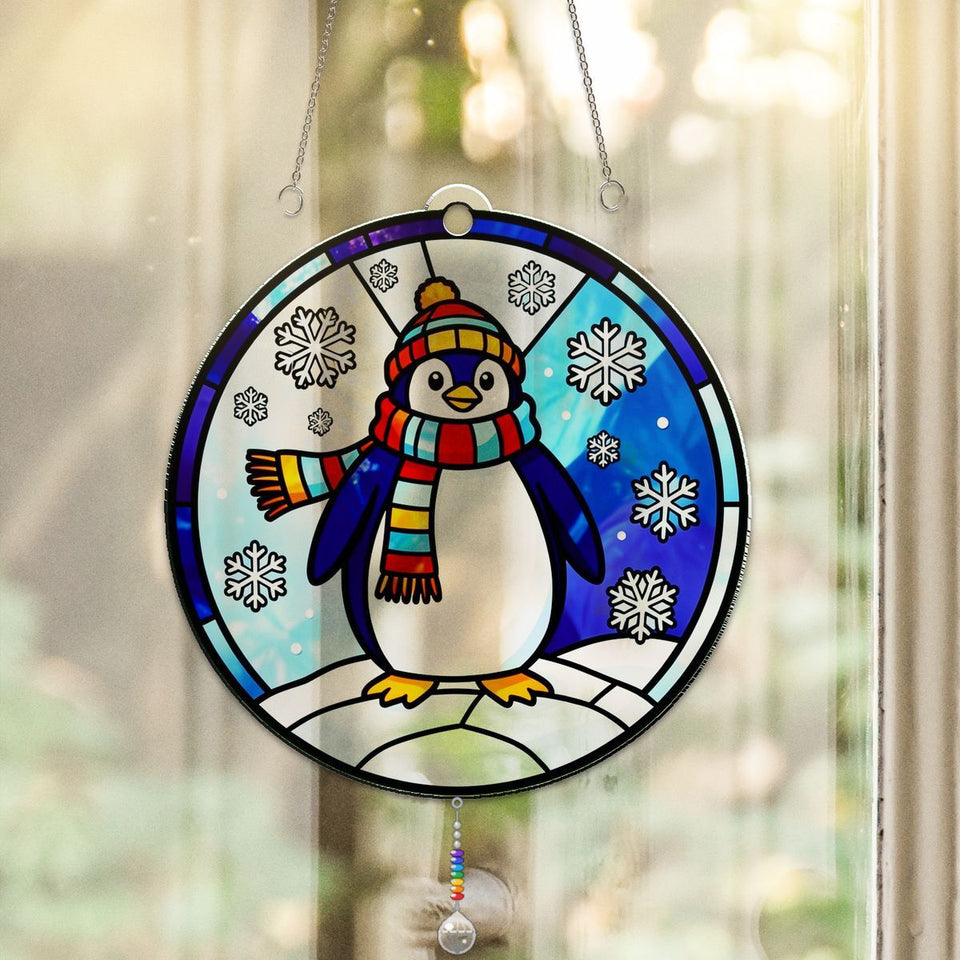 Winter Penguin Scarf Circle Acrylic Suncatcher with teardrop crystal + rainbow chain