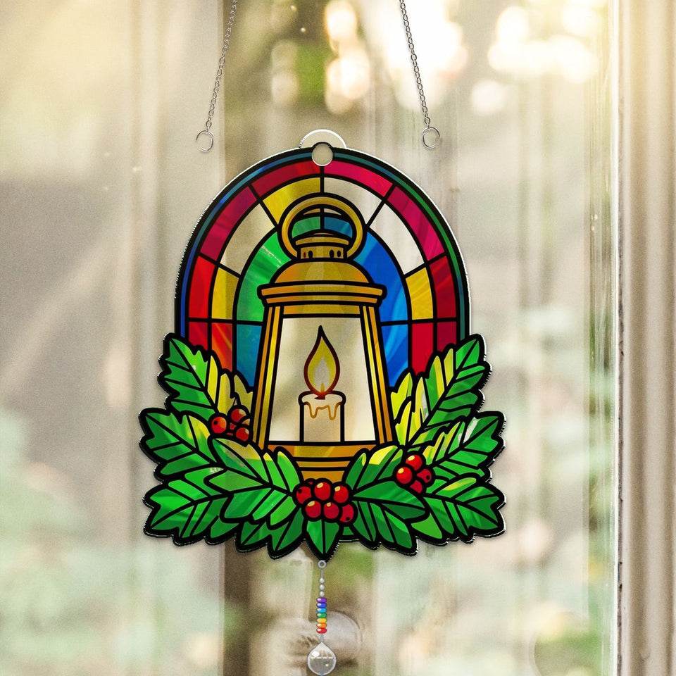 Holiday Lantern Evergreen Arch Acrylic Suncatcher with teardrop crystal + rainbow chain