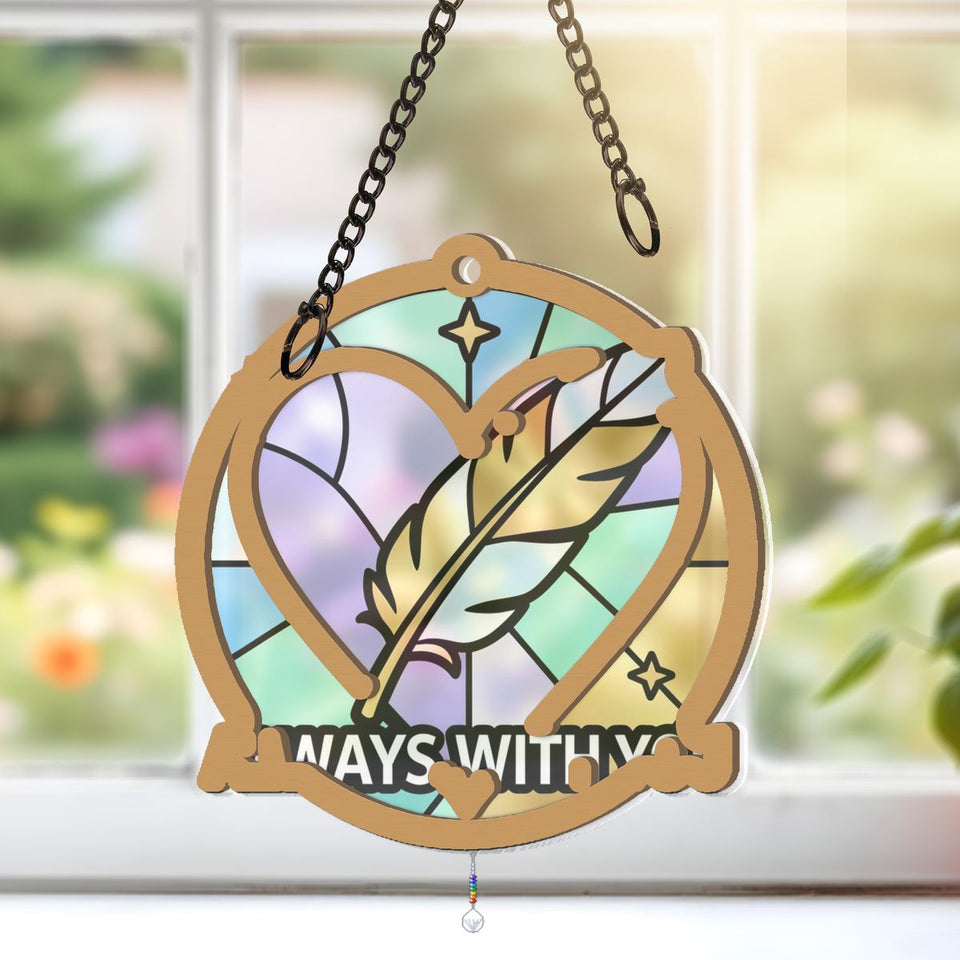 Feather Heart Remembrance Circle Window Hanging Suncatcher with teardrop crystal + rainbow chain