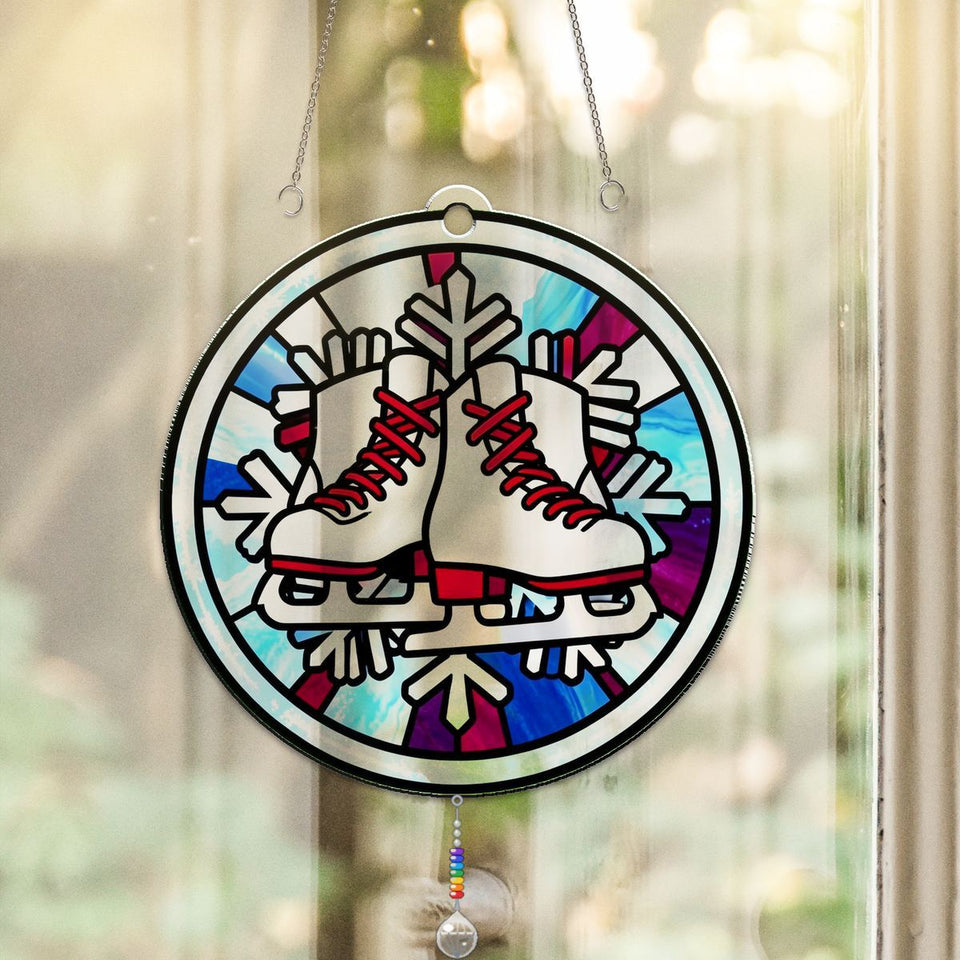 Winter Ice Skates Circle Acrylic Suncatcher with teardrop crystal + rainbow chain