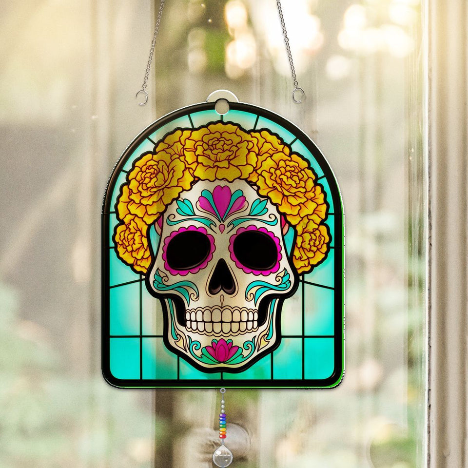 Sugar Skull Marigold Arch Acrylic Suncatcher with teardrop crystal + rainbow chain